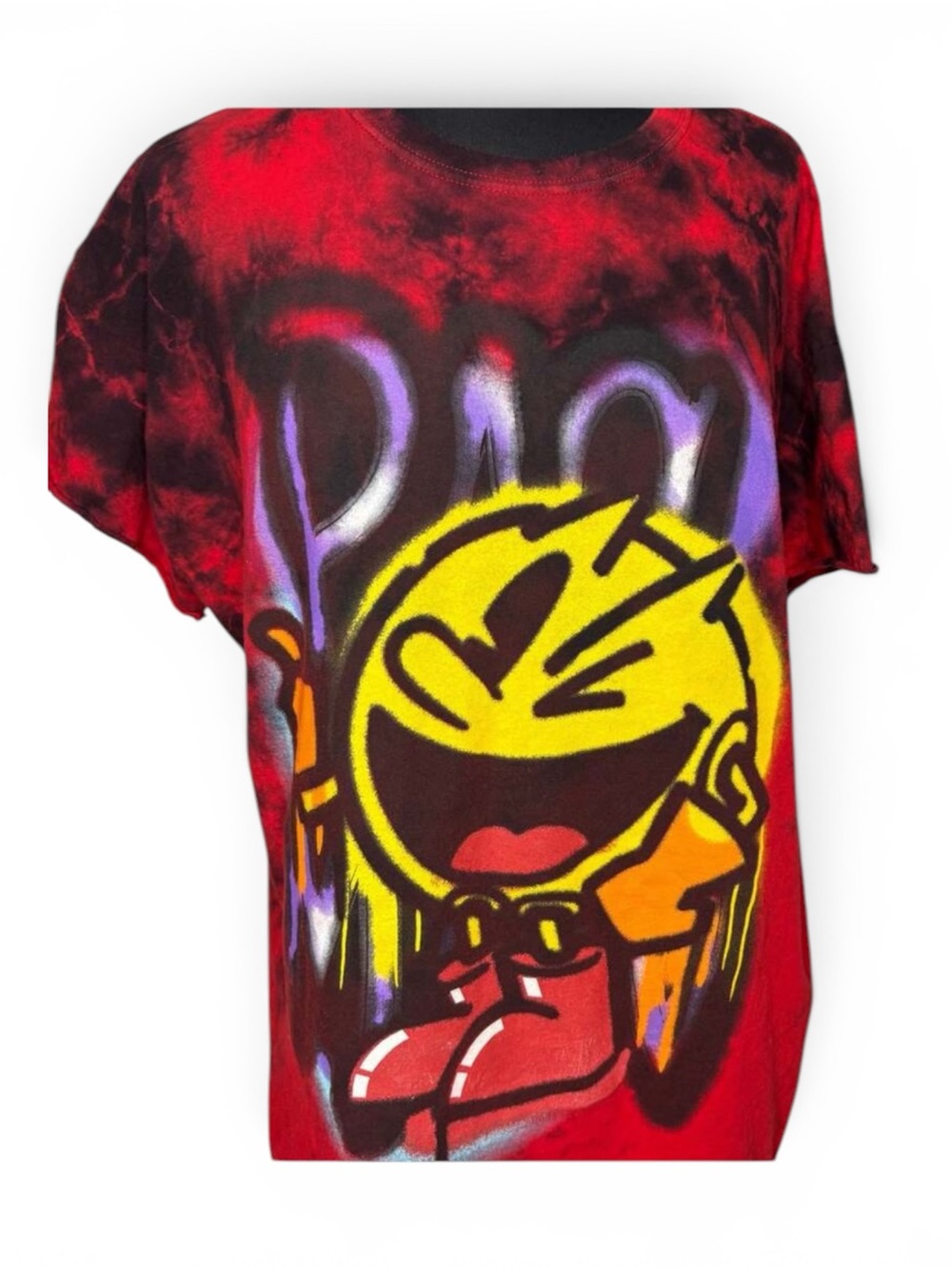Pac-Man Tie Dye Graffiti T-Shirt XL Bandai Namco Red Distressed Gaming Tee